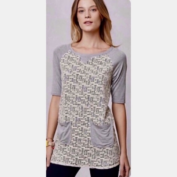 Anthropologie WESTON WEAR Mixed Knit Tunic Top Lace Gray Pullover ~ Medium - Picture 1 of 11
